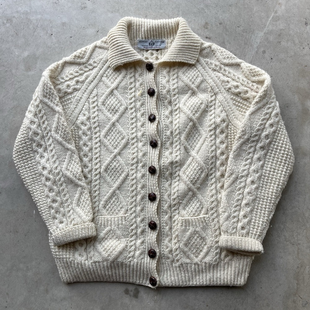 Vintage Sir Geoffrey Aran Cardigan Sweater Wool Fisherman Cable Knit Size M